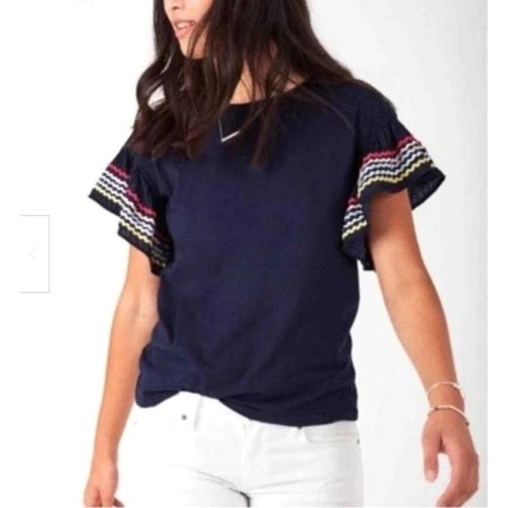 STELLA & DOT 'Everly' Flutter Ric Rac Sleeves Navy Blue Top Size Medium EUC